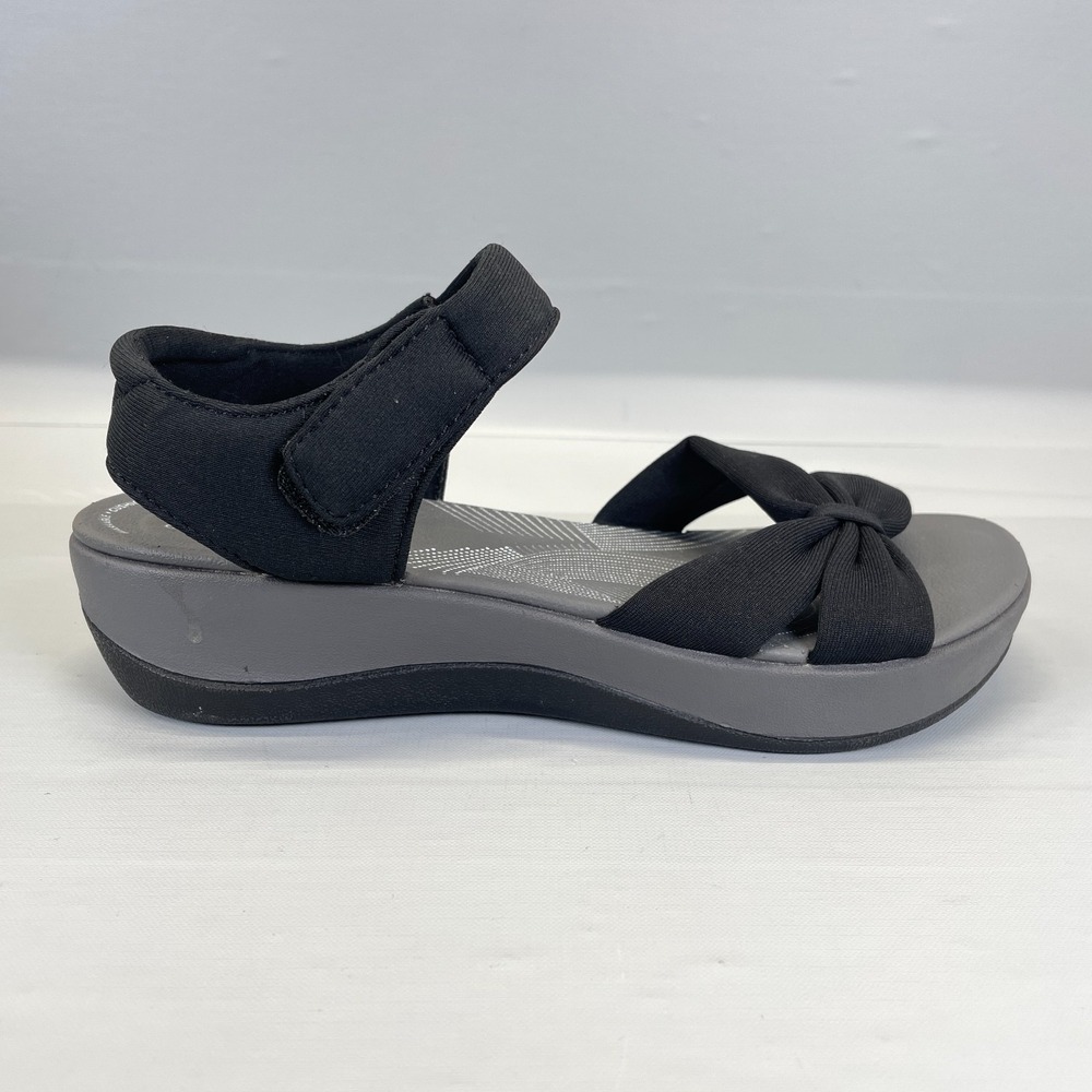 Clarks Arla Shore Wedge Sandals Womens Size 6.5 M Black Fabric Ankle Strap Shoes